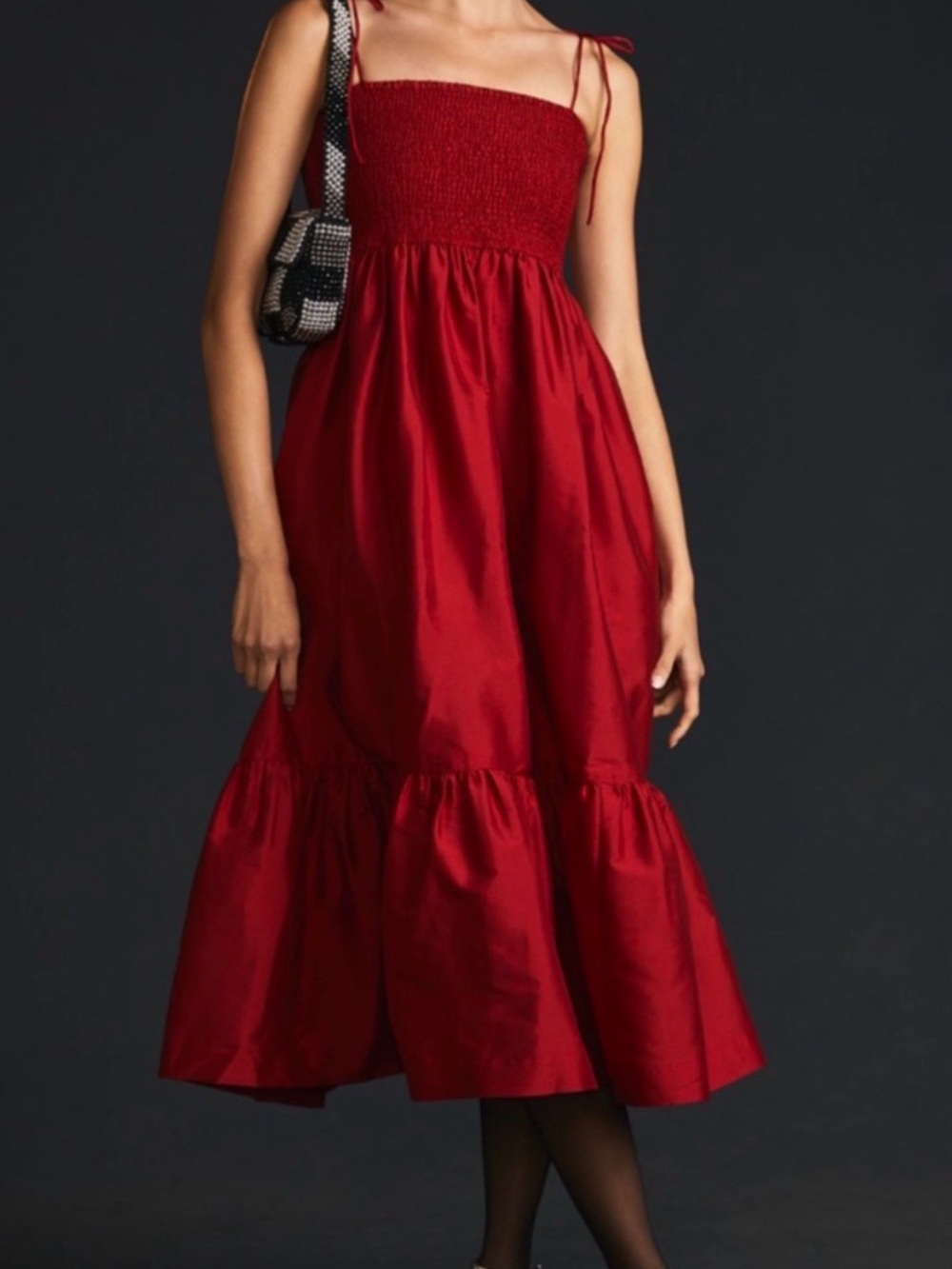 Anthropologie Dhruv Kapoor- Women’s Red Tie-Shoulder Smocked Midi Dress
